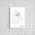 A white art print featuring a minimalist black line drawing of a cat with colorful spray-like lines in pink, blue, yellow, and green, hanging on a white brick wall. The print includes the text 'Totally Trash Panda' in blue and pink at the bottom right.