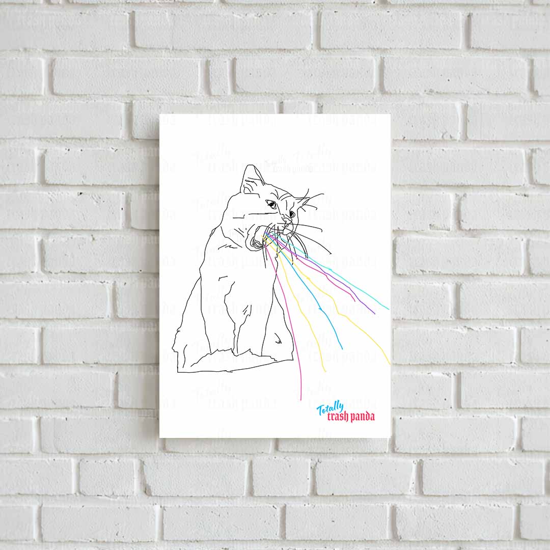 A white art print featuring a minimalist black line drawing of a cat with colorful spray-like lines in pink, blue, yellow, and green, hanging on a white brick wall. The print includes the text 'Totally Trash Panda' in blue and pink at the bottom right.