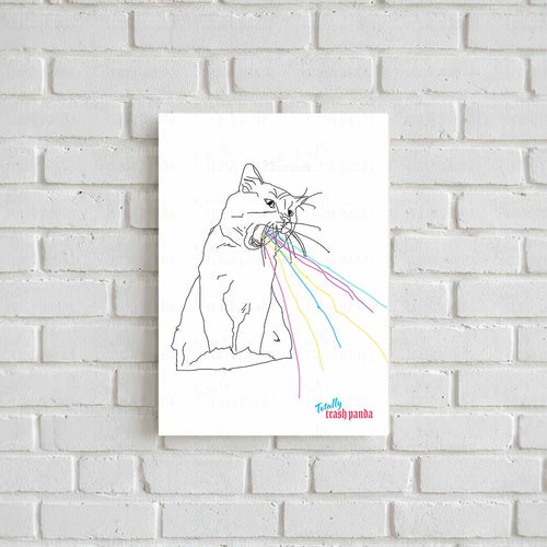 A white art print featuring a minimalist black line drawing of a cat with colorful spray-like lines in pink, blue, yellow, and green, hanging on a white brick wall. The print includes the text 'Totally Trash Panda' in blue and pink at the bottom right.