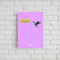 Illustration of a green hummingbird flying next to text on a yellow background that reads: 'what's the word hummingbird?' All on a light purple background. The brand logo 'Totally Trash Panda' is at the bottom centre of the poster.