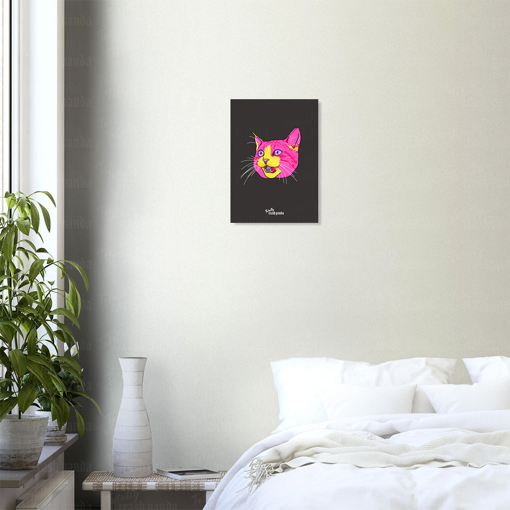 Totally Trash Panda's Cat face illustration poster shown against a bedroom wall