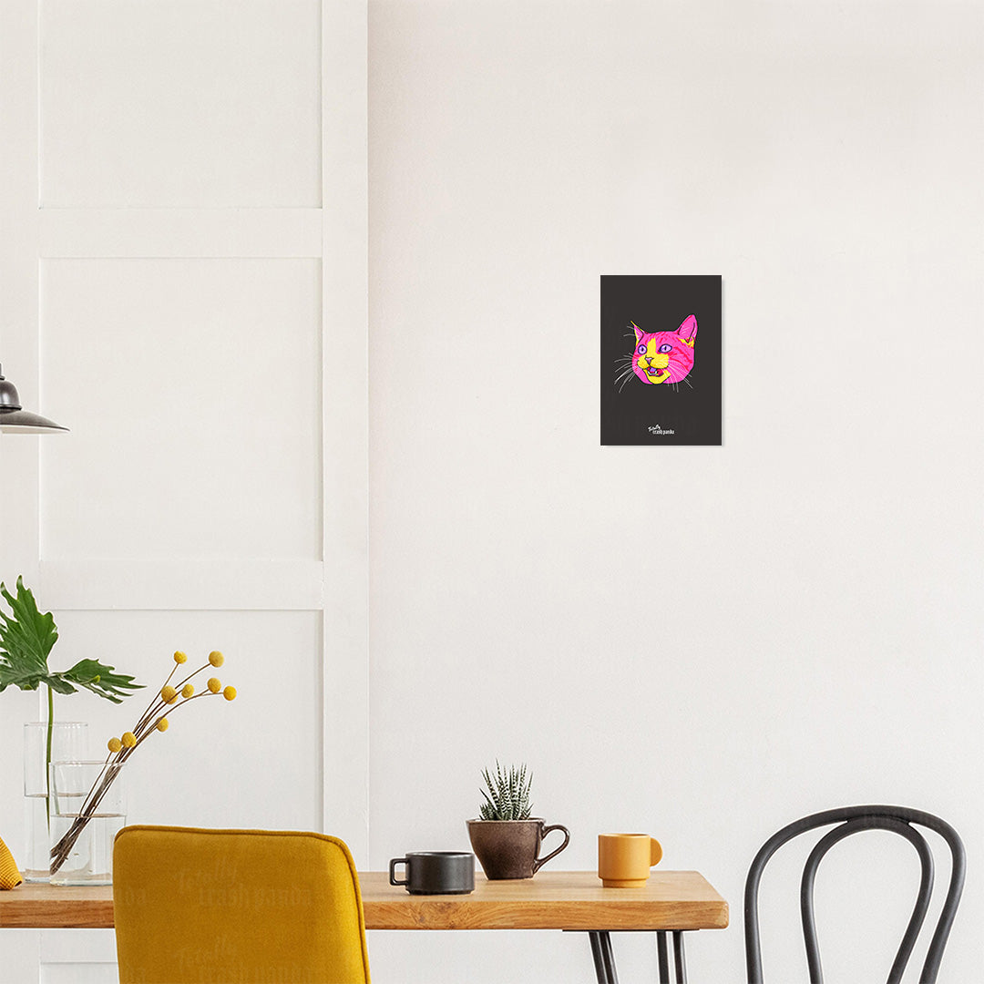 Totally Trash Panda's Cat face illustration poster shown against a kitchen wall