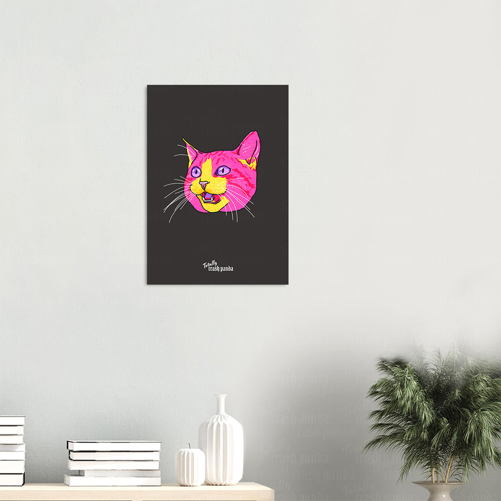 Totally Trash Panda's Cat face illustration poster shown against a living room wall